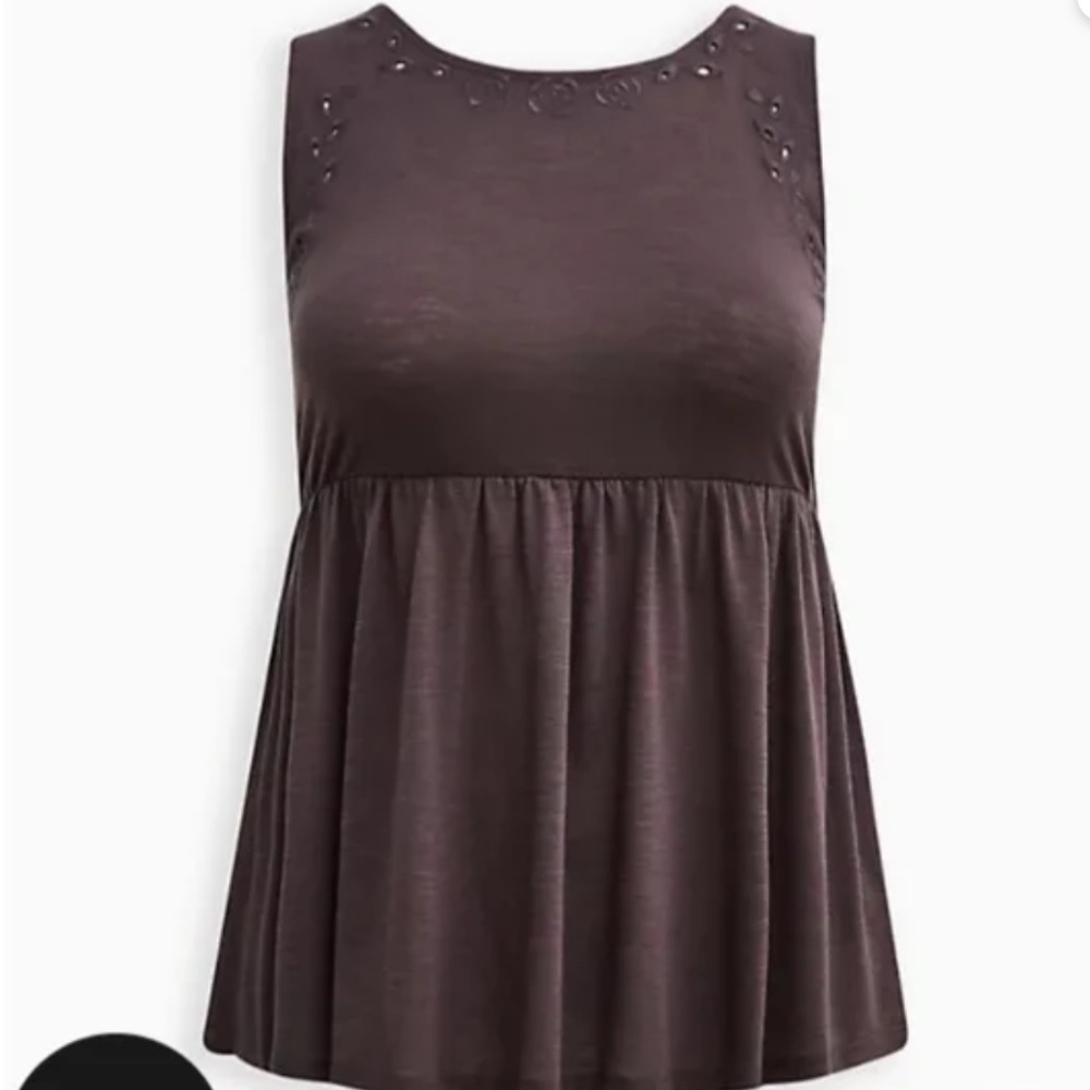 TORRID Babydoll Feather Soft Slub Crewneck Embroidered Tie Back Top